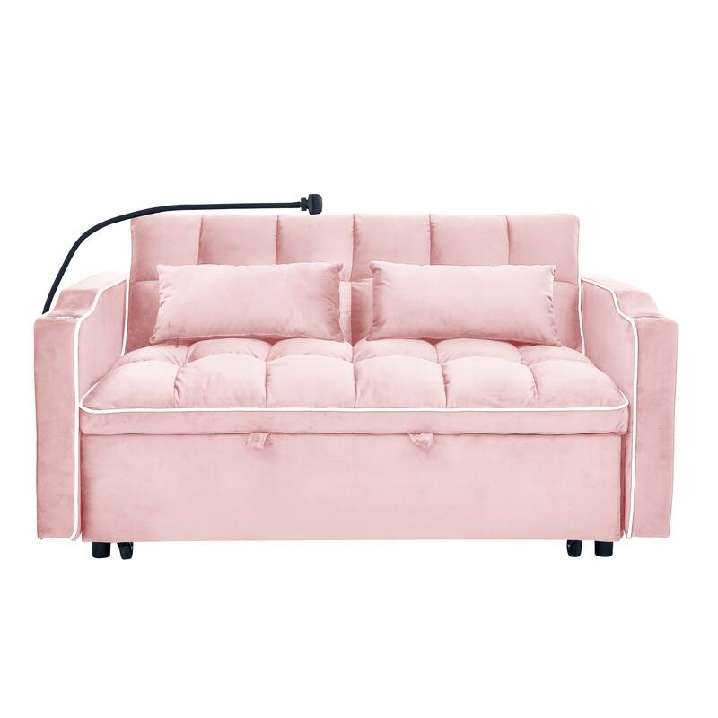 Velvet Foldable Loveseat with Adjustable Back & Ashtray for Livingroom 55.51 inch Versatile Pull-out Sofa Bed with USB Port