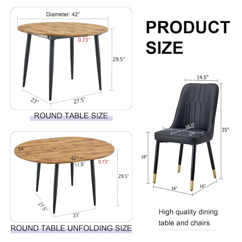 Modern Extendable Dining Table Set for 4, 5-Piece Kitchen Wooden Dining Table Set with 4 Upholstered Chairs