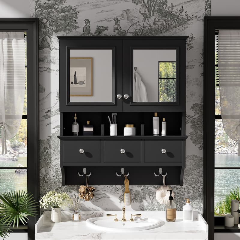 24" Wall Mounted 4-in-1 Bathroom Mirror Cabinet with Drawers & Hooks, High-Definition Medicine Cabinet with Storage for Vanity