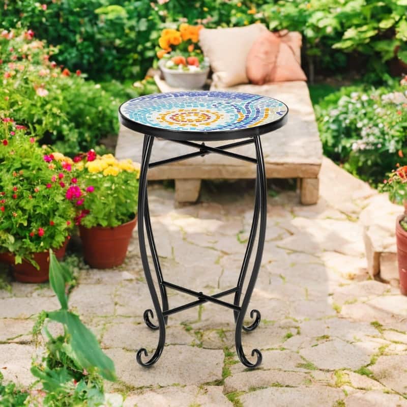 Blue Hawaiian Style Glass Round Terrace Bistro Table Side Table