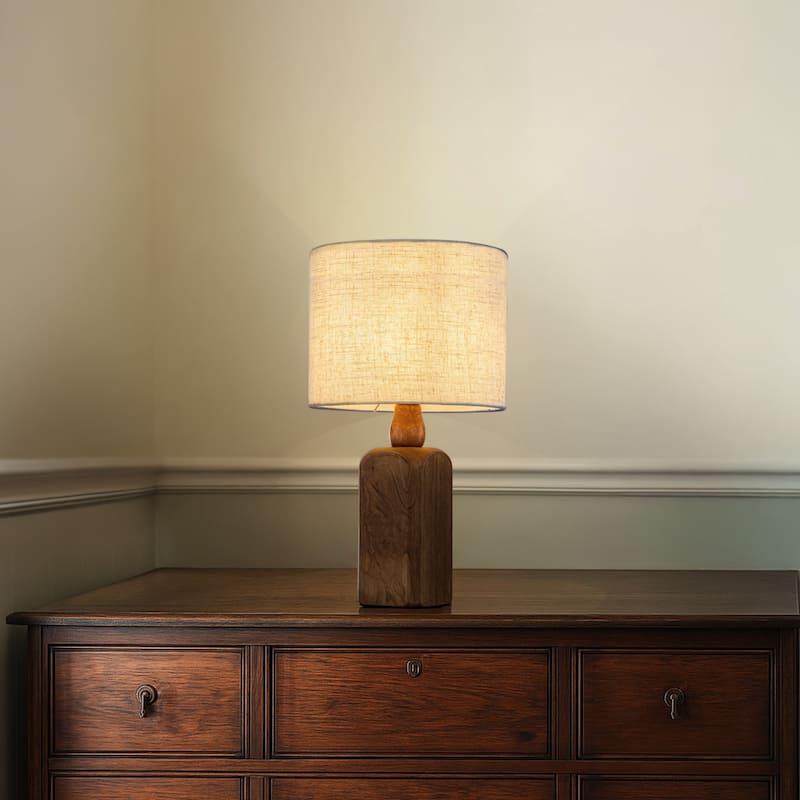 18''/22''Farmhouse Traditional Natural Solid Wood Table Lamp with Beige Fabri Drum Shade for Bedroom Living Room