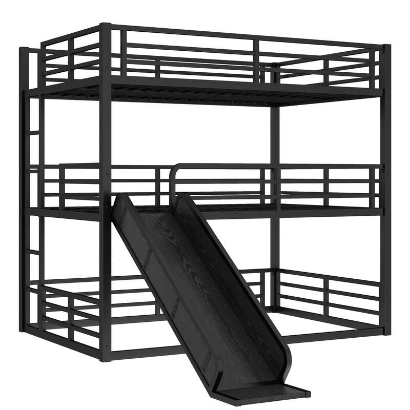 Metal Triple Bunk Bed Frame with Full Length Guardrail, Slide and Ladder, Heavy Duty Metal Slat Support, Noise Free