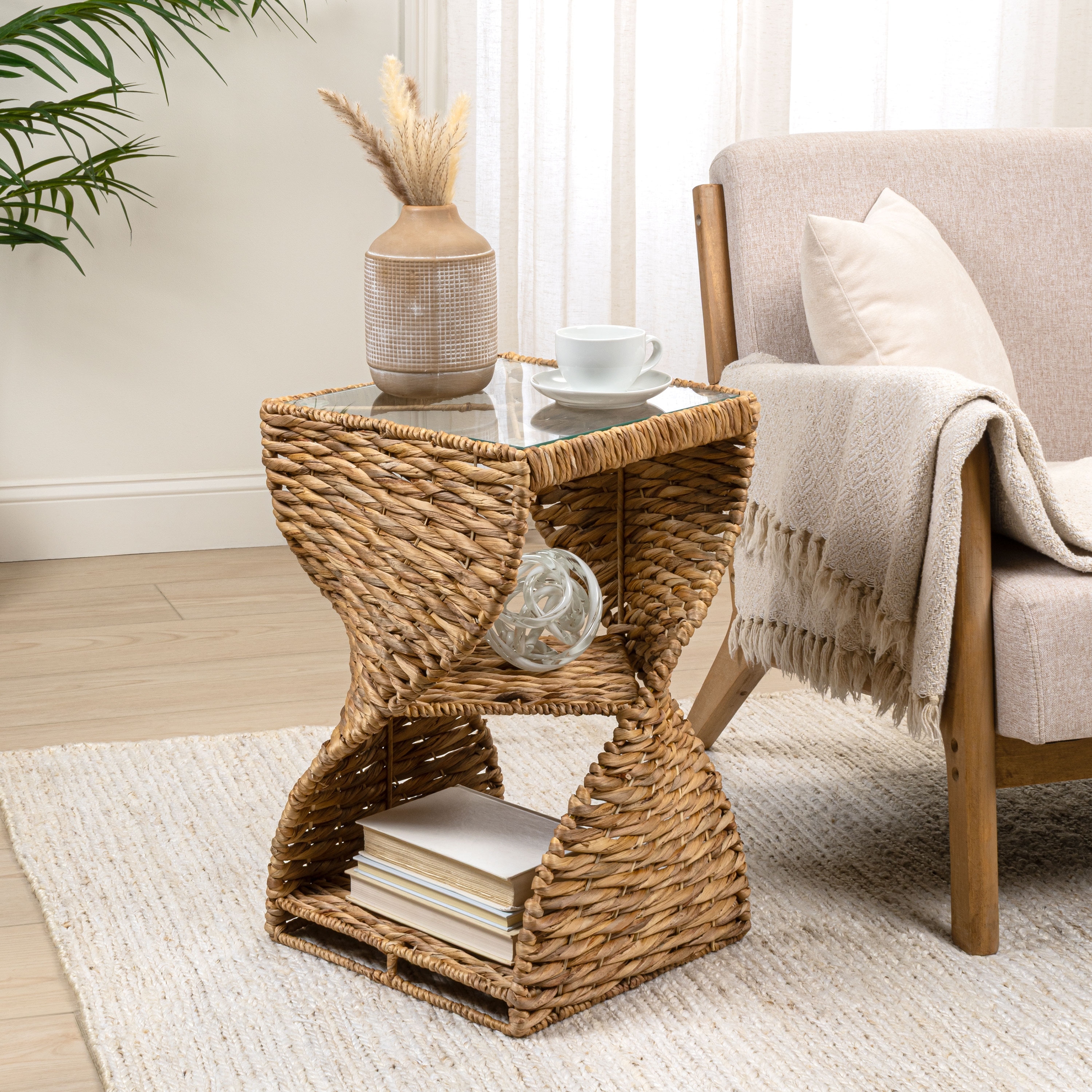 Suraya Bohemian Woven Swirl Square End Table with Glass Top, Open Storage Shelf, Hourglass Accent Side Table