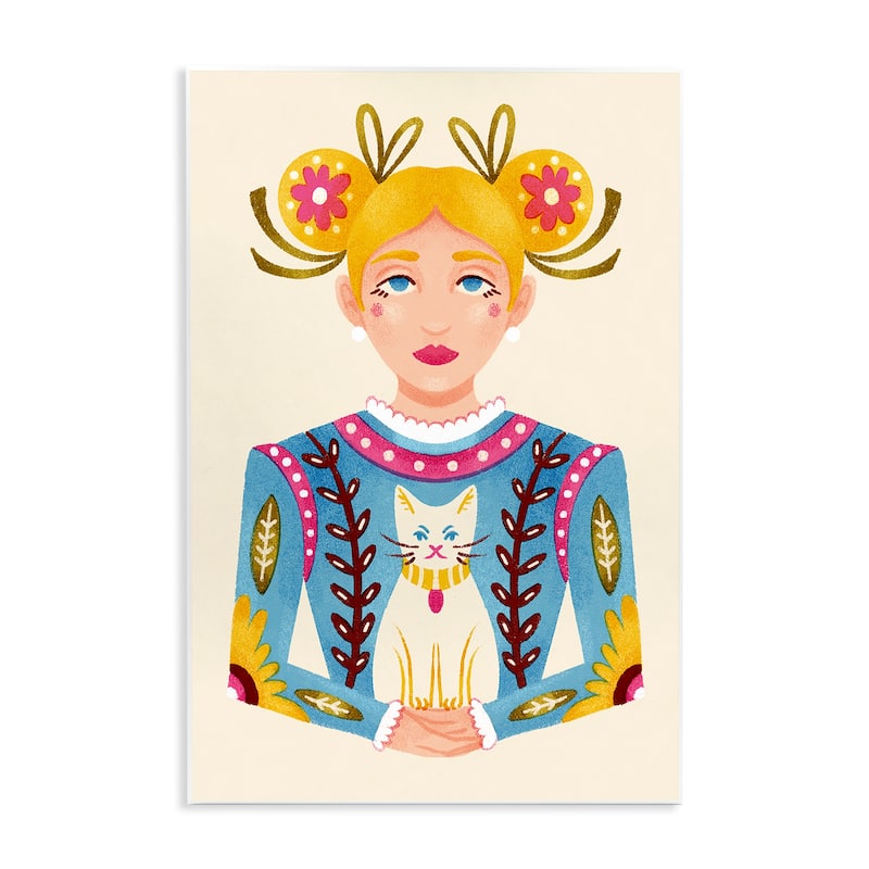 Stupell Blonde Folk Girl with Cat Wall Plaque Art Design By Hannah Moren - 10 x 15