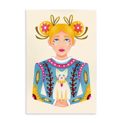 Stupell Blonde Folk Girl with Cat Wall Plaque Art Design By Hannah Moren