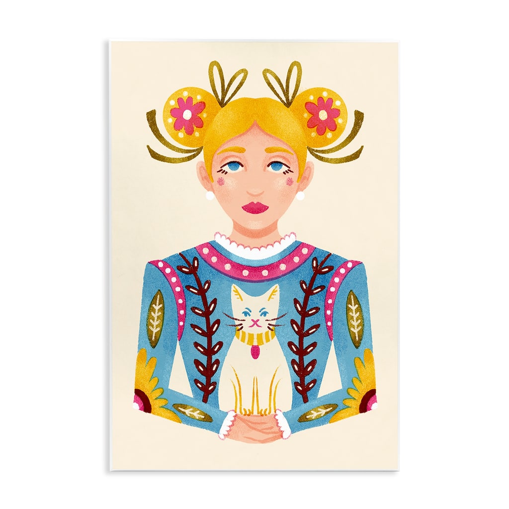 Stupell Blonde Folk Girl with Cat Wall Plaque Art Design By Hannah Moren