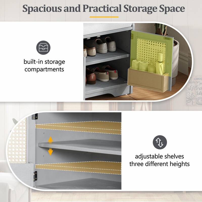 Rustic Storage Bench with Removable Cushion, Woven Rattan Doors & Adjustable Shelves