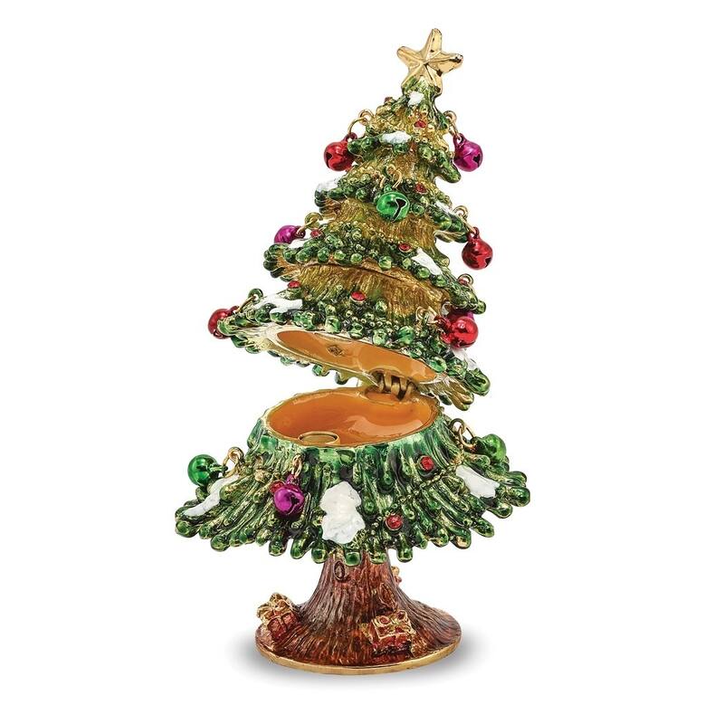 Curata Pewter Crystals Gold-Tone Enameled Deck The Halls Christmas Tree Trinket Box on 18 Inch Necklace