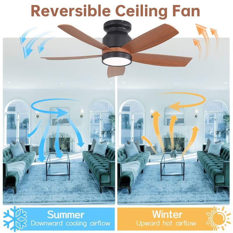 42 Inch Matte Black Ceiling Fan with LED Light and 6 Speed Remote Control Reversible DC Motor for Bedroom Living Room
