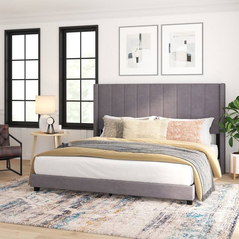 Upholstered Platform Bed with Wingback Headboard - Gray Velvet - King