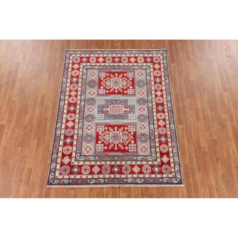 Kazak Oriental Area Rug Hand-Knotted Traditional Grey Wool Carpet - 5'0" x 6'7"