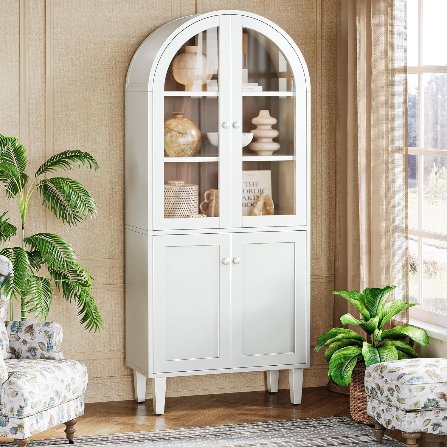 5-Tier White Wood Farmhouse Arch Storage Cabinet, 68 Inches Bookcase with Doors & Adjustable Shelves
