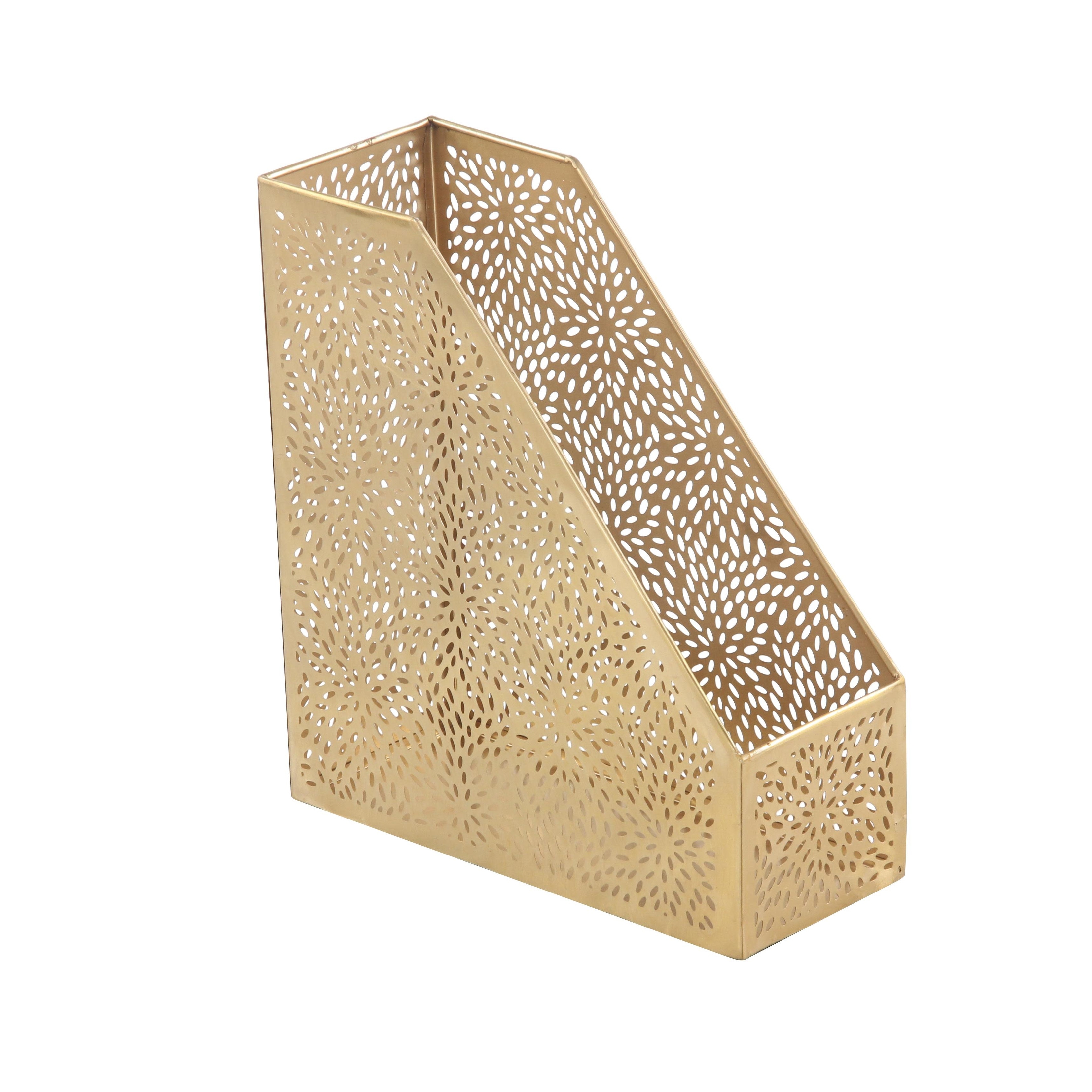 Metal Floral Single Slot Magazine Holder with Laser Carved Design - Gold - CosmoLiving by Cosmopolitan