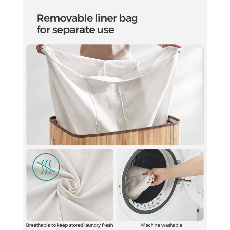 Laundry Hamper, 39.6 Gallons (150L),3-Section Laundry Basket, Laundry Hamper with Lid, Bamboo,Removable & Machine Washable Liner