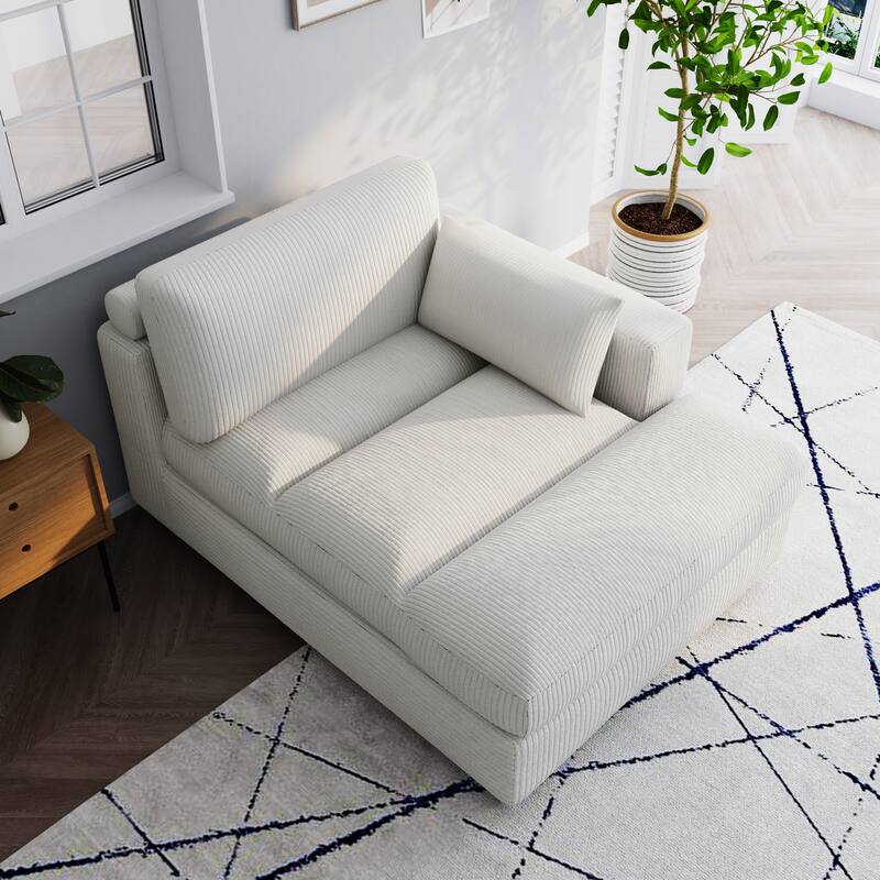 Oversize Corduroy Chaise Lounge Modular Sectional Sofa with Pillow - Right Facing - Beige