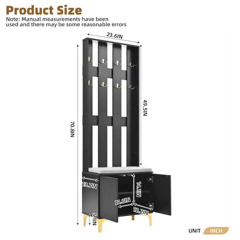 Modern 4-in-1 Hall Tree with Cushion, Fluted Doors, 8 Gold Hooks, Adjustable Shelf, Black Entryway Bench Cabinet