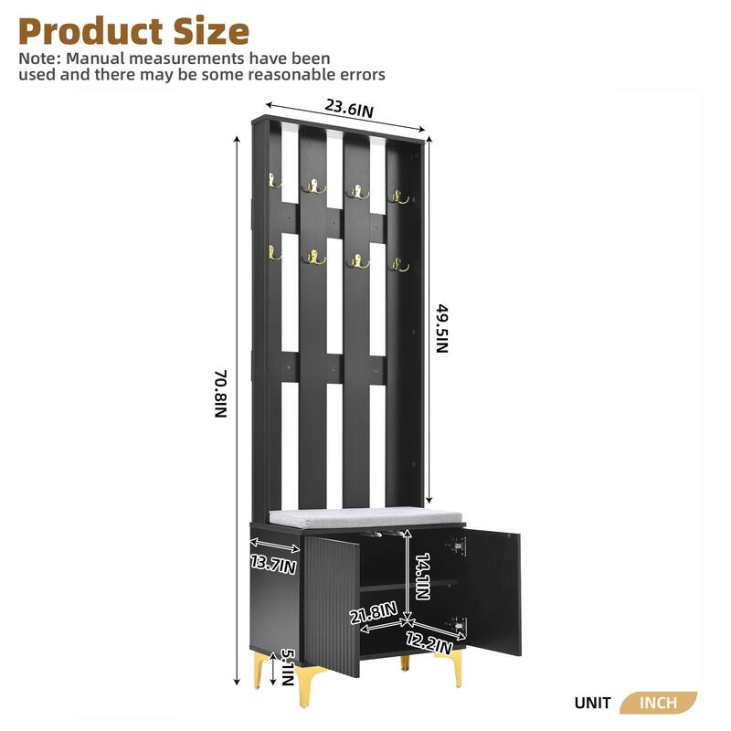 Modern Hall Tree, Wood Coat Rack with 8 Gold Hooks and Legs, Entryway Upholstered Bench with Adjustable Shelves & Doors