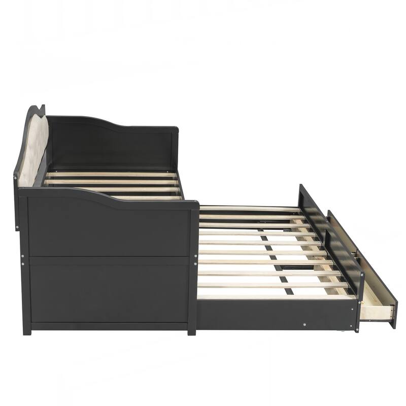 Twin Daybed with Trundle, Twin Size Daybed with 2 Storage Drawers, Wooden Sofa Bed with Upholstered Button Tufted Backrest