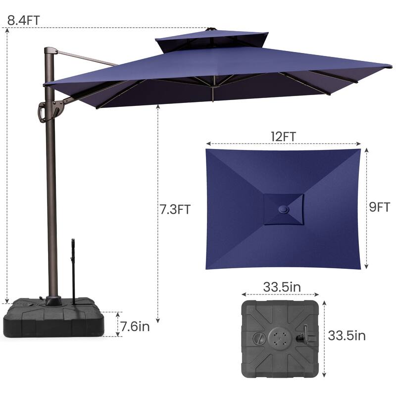 9 x 12 ft Double Top Patio Cantilever Umbrella 360-degree Rotation with Base