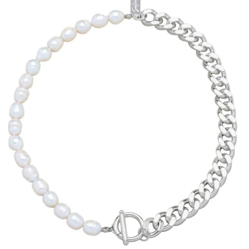 Bliss Diamond Fresh Water Pearl Half Curb Link Necklace 18" Toggle Clasp