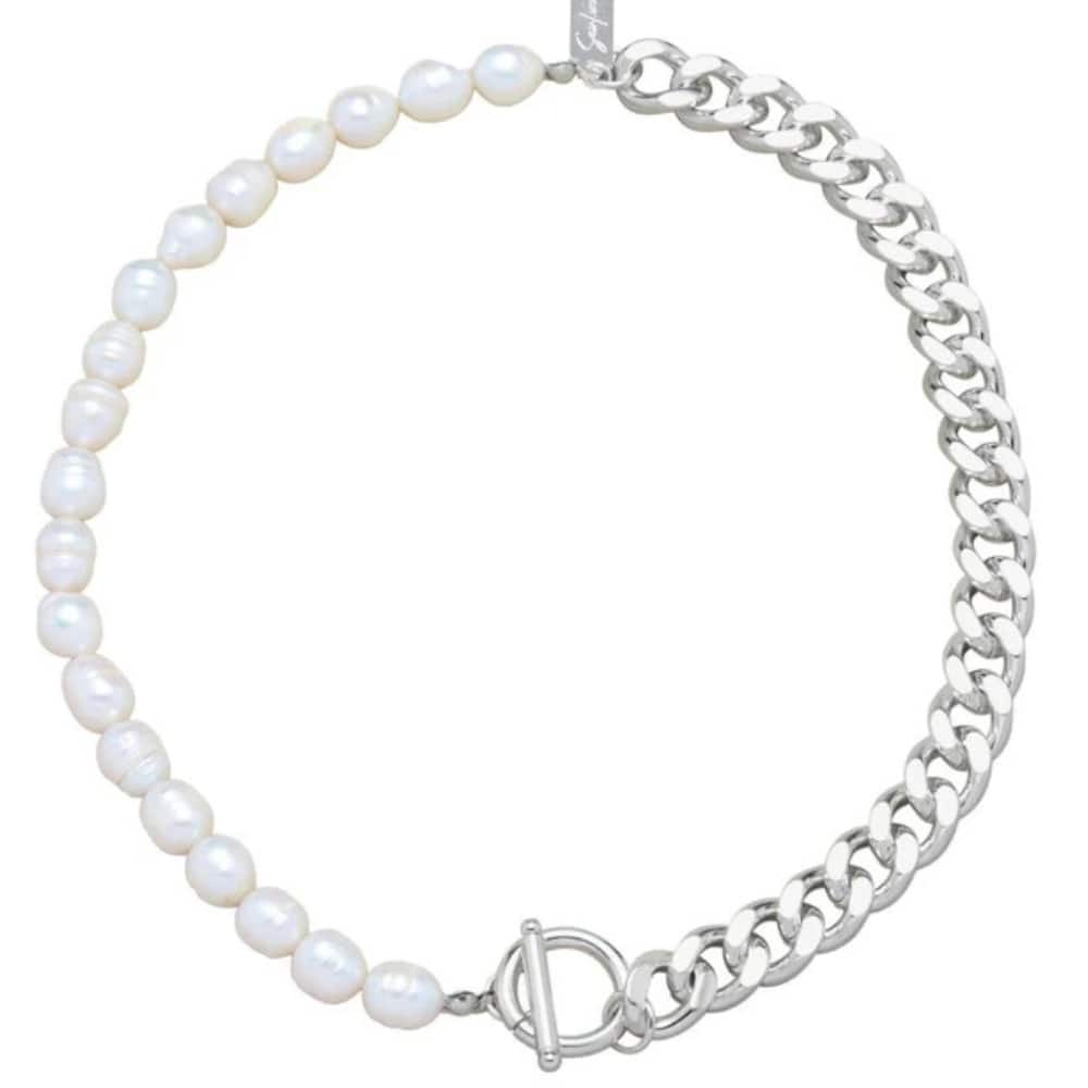 Bliss Diamond Fresh Water Pearl Half Curb Link Necklace 18" Toggle Clasp