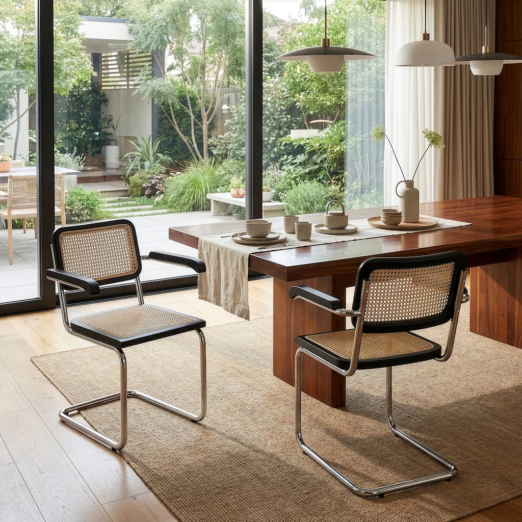 Set of 2 Barnard Black Wooden Dining Chair with Rattan Back and Chrome Legs