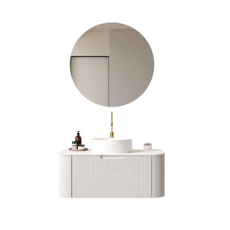 Wall-Mounted Floating Curved Edges Striped Bathroom Vanity with Sink