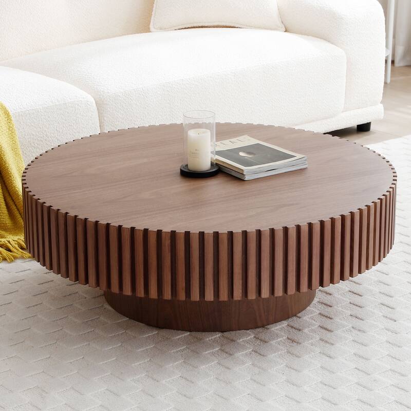 39.37'' Mid-Century Modern Coffee Table Round Coffee Table Walnut Coffee Table with Base, for Living Room