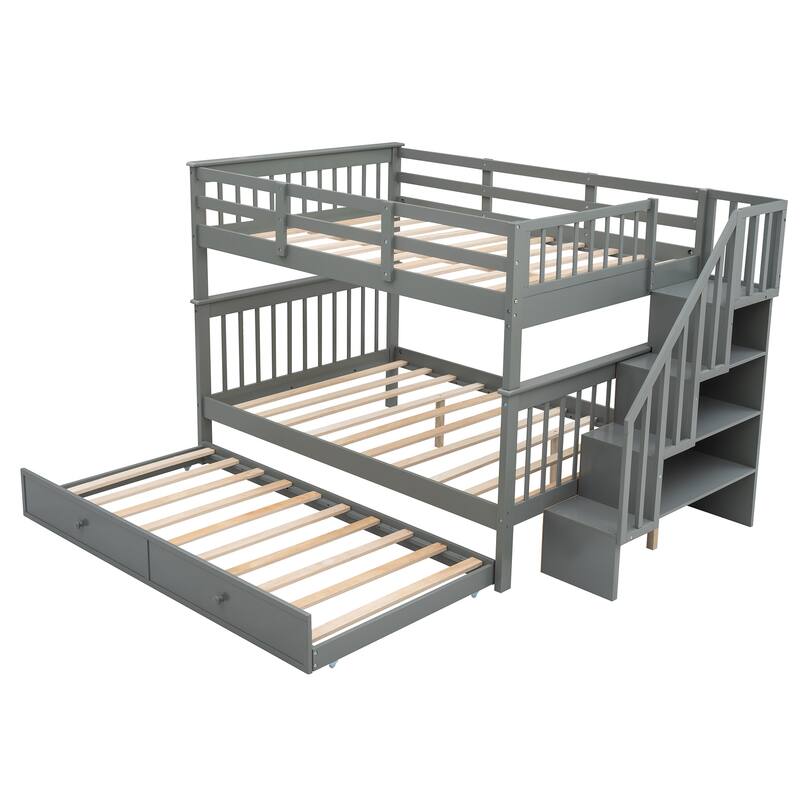 Stairway Full-Over-Full Bunk Bed with 1 Twin Trundle, 4 Open Shelves and Guard Rail
