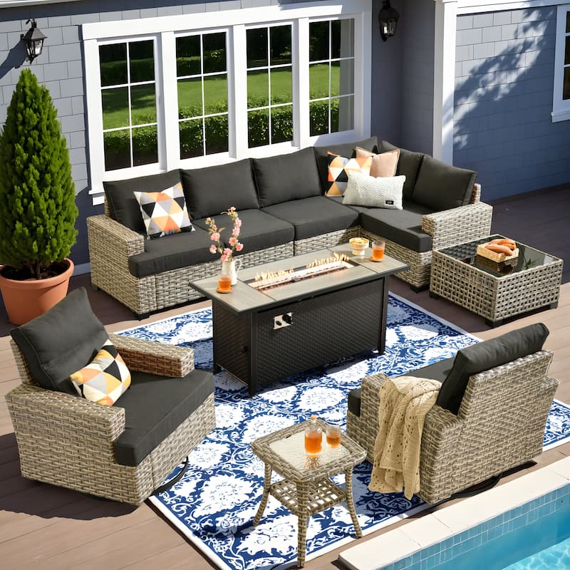 OVIOS 10 Pieces T shaped Seat Wide Armrest Swivel Chair Set With Solar-Powered Table&Fire Pit - Black