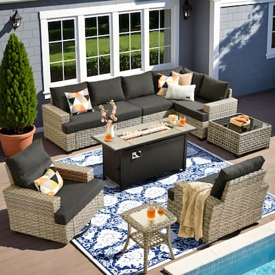 OVIOS 10 Pieces T shaped Seat Wide Armrest Swivel Chair Set With Solar-Powered Table&Fire Pit