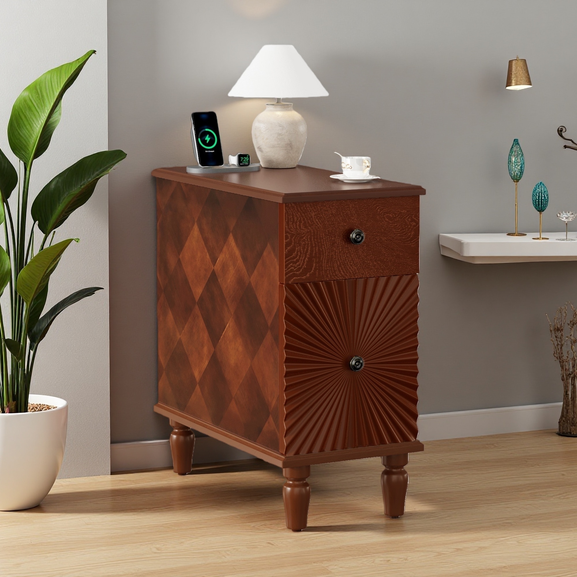 23.6"L Rubber Wood and MDF Modern Side Table with 2 Drawers, Slim Nightstand for Living Room or Bedroom
