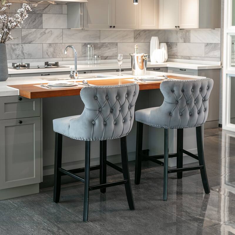 Contemporary Velvet Upholstered Wing-Back Barstools with Button Tufted Decoration Leisure Style Bar Chairs