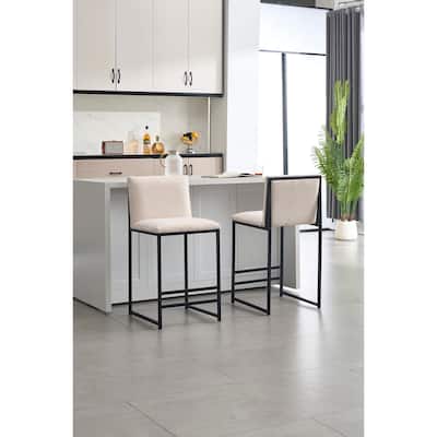 Counter Height Bar Stools Set of 2, Linen Upholstered Accent Chair, Kitchen Island Stools with Back & Footrest