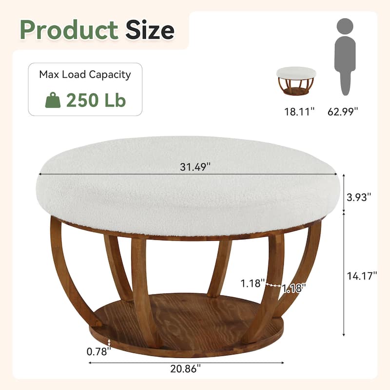 2-Tier Round Ottoman Coffee Table with Solid Wood Frame for Living Room - 31.5" L x 31.5" W x 18.1" H