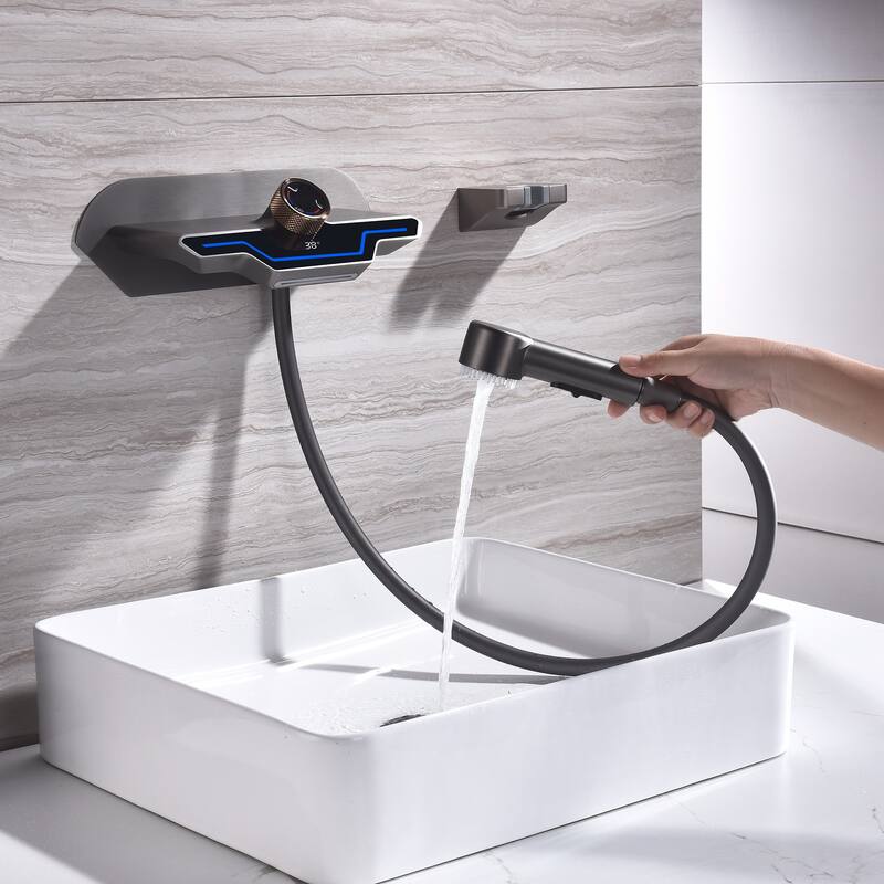 Modern Matte Black/ White Wall Mount Digital Display Bathroom Faucet includes Hardware