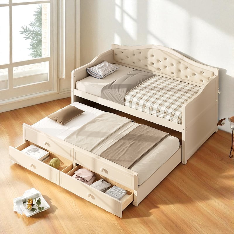 Twin Daybed with Trundle and 2 Storage Drawers, Upholstered Button Tufted Sofa Bed with Solid Wood Frame