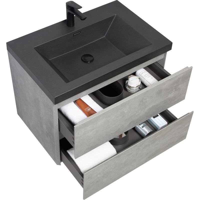 36" Wall-Mounted Floating Vanity with Premium Quartz Sand Basin, Grey Modern Storage Cabinet