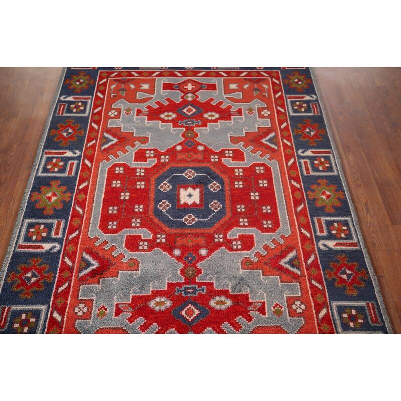 Geometric Kazak Indian Area Rug Handmade Wool Carpet - 4'0"x 5'11"
