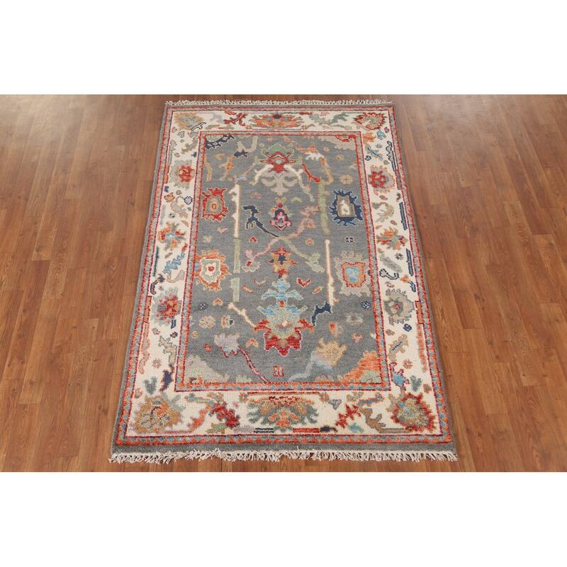 Gray Oushak Oriental Area Rug Handmade Geometric Wool Carpet - 4'0"x 6'0"