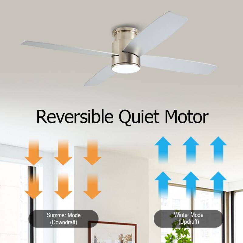 WINGBO 44/52 Inch Flush Mount DC Ceiling Fan with Lights and Remote, 4 Reversible Blades