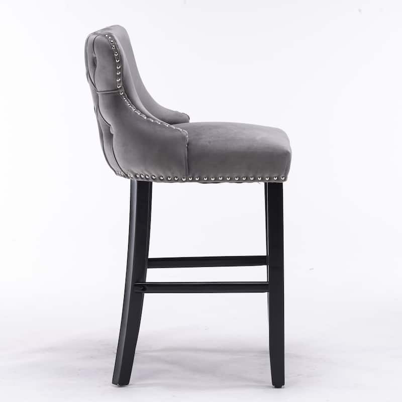 Wing-Back Barstools with Button Tufted Decoration and Wooden Legs, Leisure Style Bar Chairs,Bar stools, Set of 2