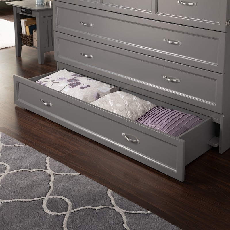 Deerfield Queen Murphy Bed Chest with 6" Mattress, Storage Drawer & Built-In Charger in Grey