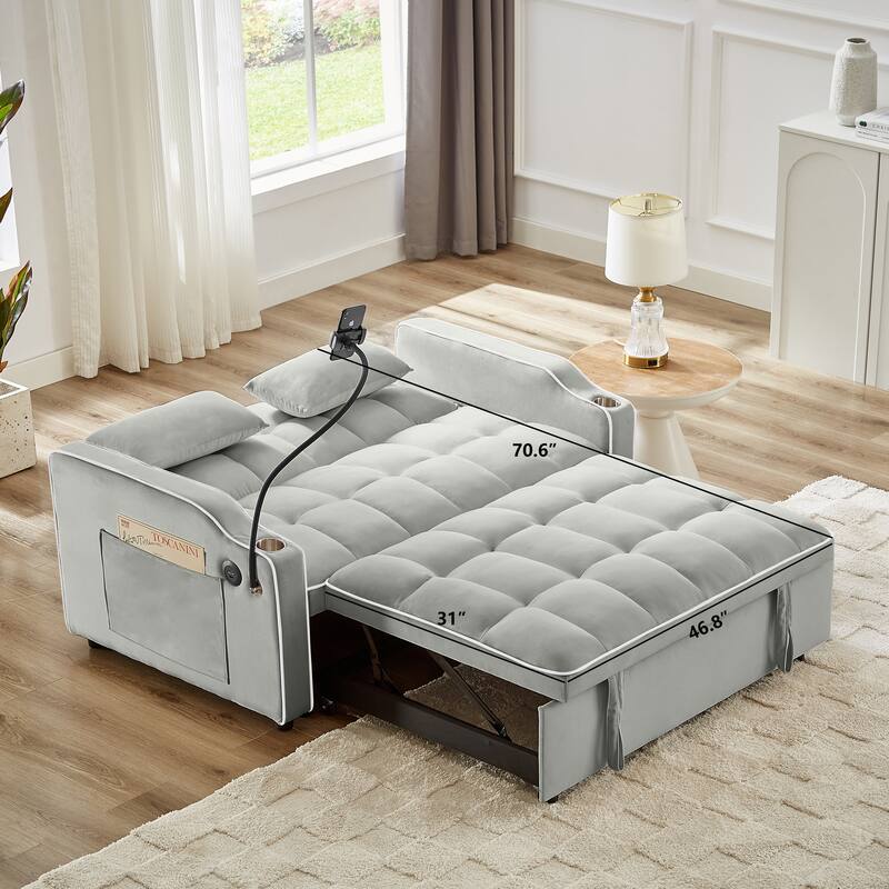 Convertible Sofa Bed with Adjustable Back, USB Charger, and Pillows for Living Room or Office