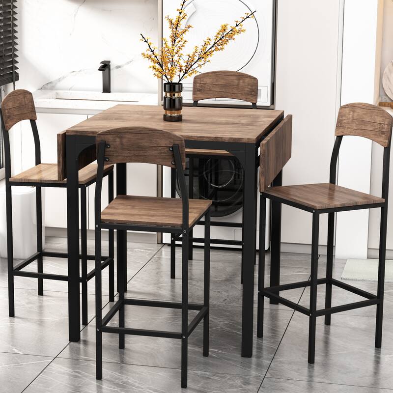 Metal Frame Kitchen Set Drop Leaf Dining Table Set with 4 Chairs
