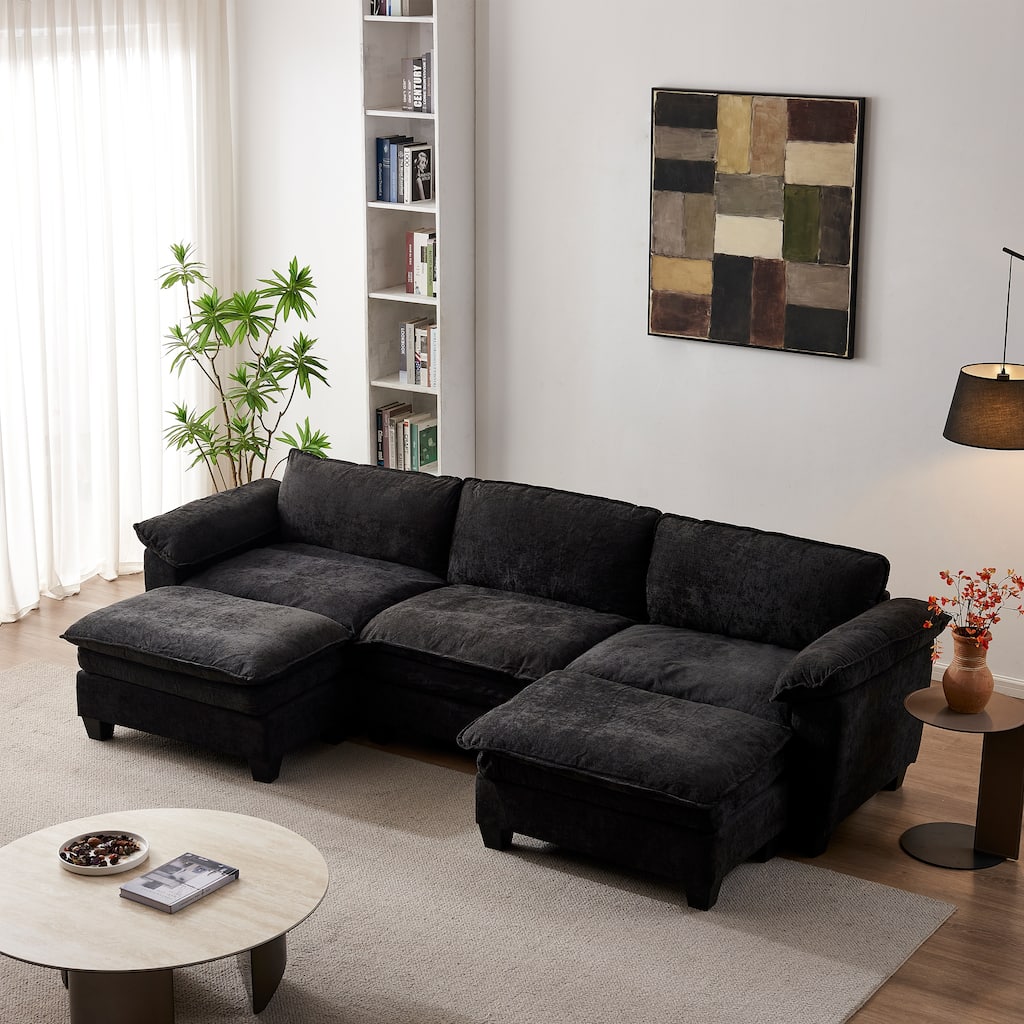Roomfitters 3-Seater Modular Sofa with 2 Ottomans, Modern L-Shaped Sectional Couch with Padded Cushions for Living Room, Black