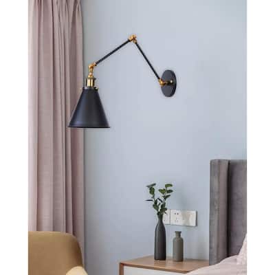 Industrial 1-Light Swing Arm Wall Sconce with Metal Cone Shade