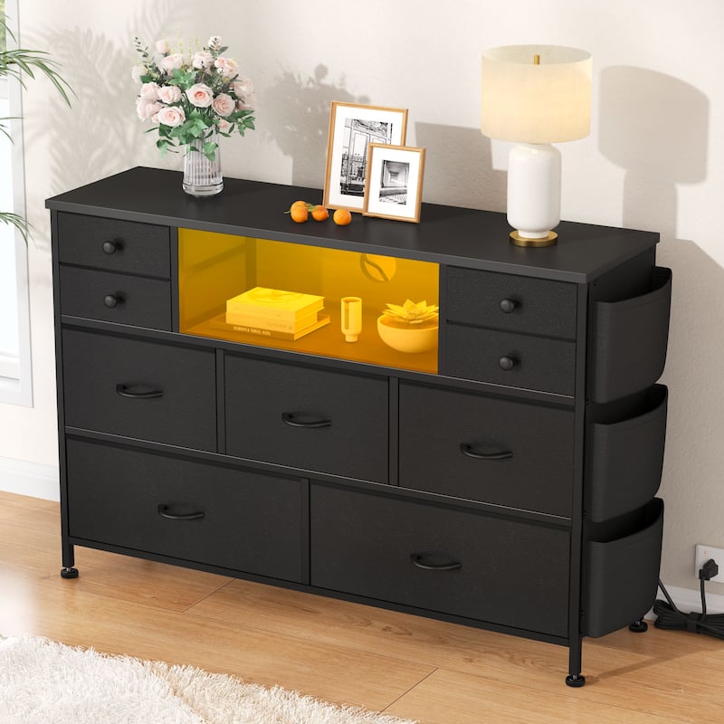 9 Drawer Dresser TV Stand with Power Outlets LED Lights Fabric Chest of Drawers
