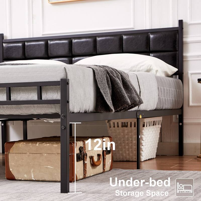 Javlergo Metal Bed Frame with PU Upholstered Headboard, No Box Spring Needed
