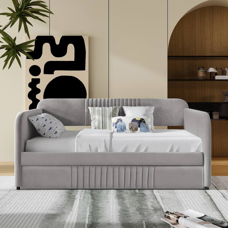 Roomfitters Twin Upholstered Daybed with Pull-Out Trundle, Velvet Sofa Bed Frame, Grey - Grey